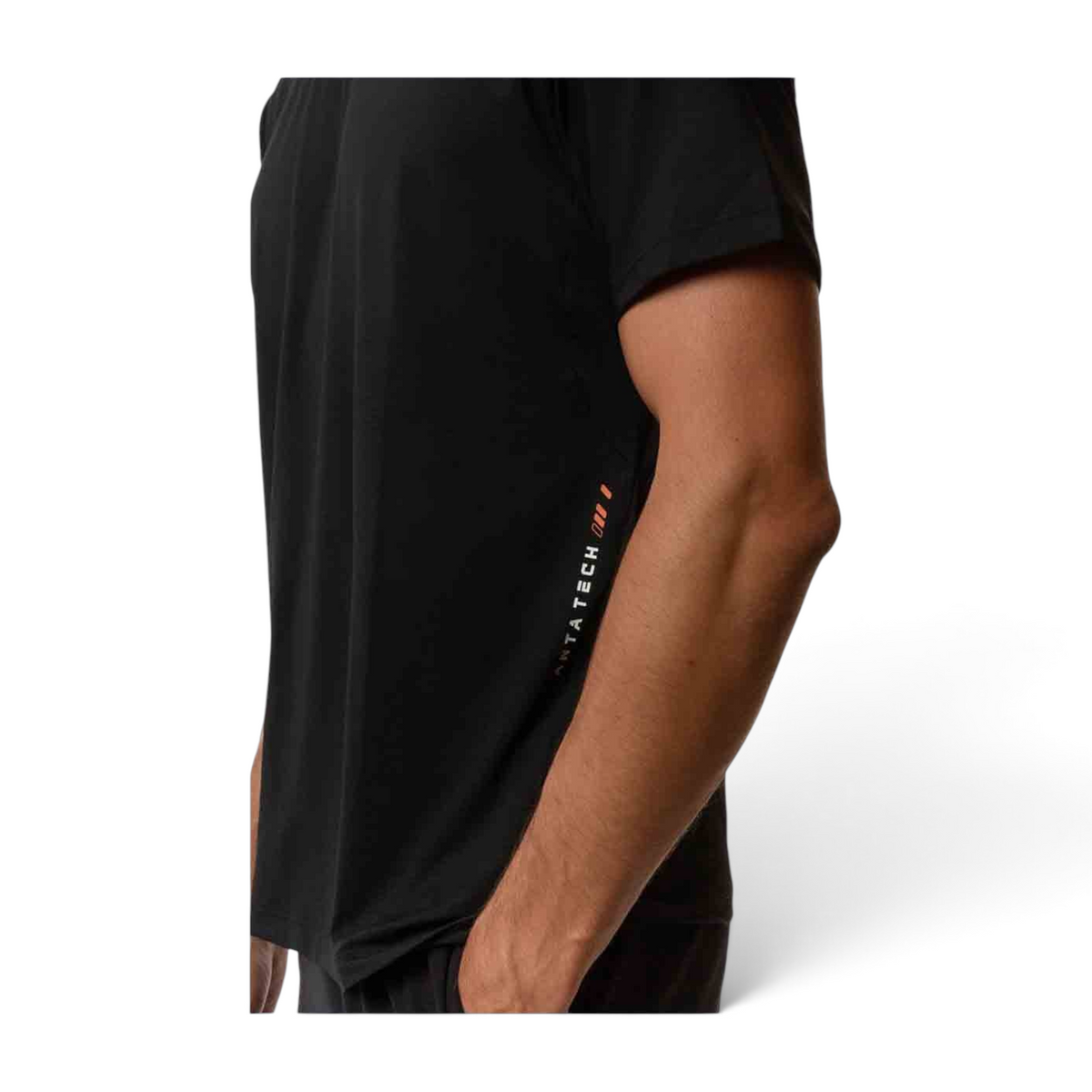 FRG black short sleeve athletic t-shirt featuring a side panel with orange accent details and branding