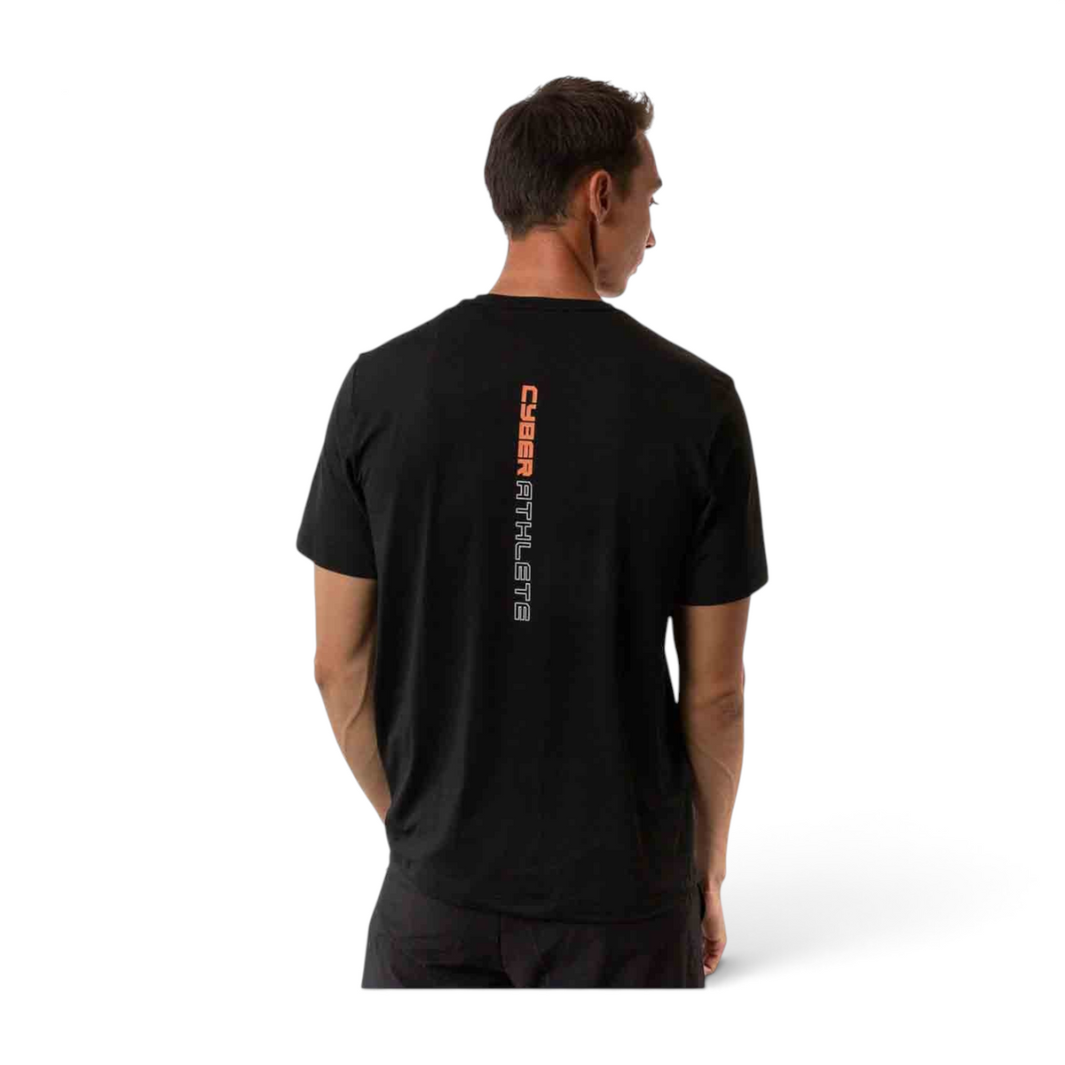 Man wearing a black FRG short sleeve tee with vertical Cyber Athletes text on the back