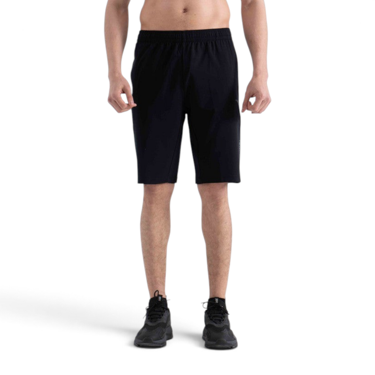 FRG men's black knit half pants for cross training, featuring an elastic waistband and athletic fit