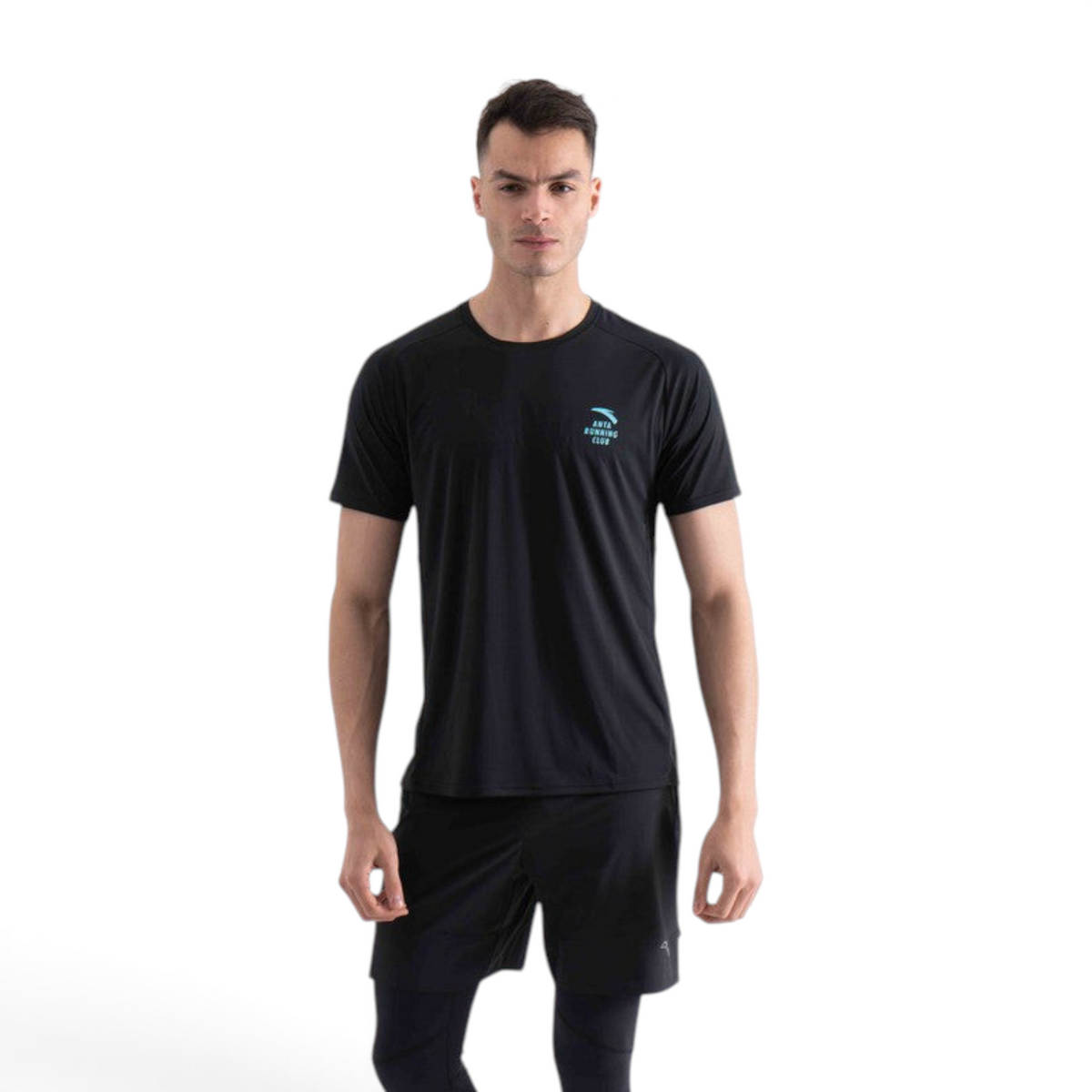 FRG black short sleeve athletic running t-shirt worn by a male model on a white background