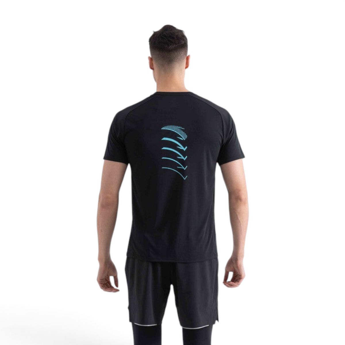 Back view of a man wearing a black FRG short sleeve tee with a blue graphic print on the upper back