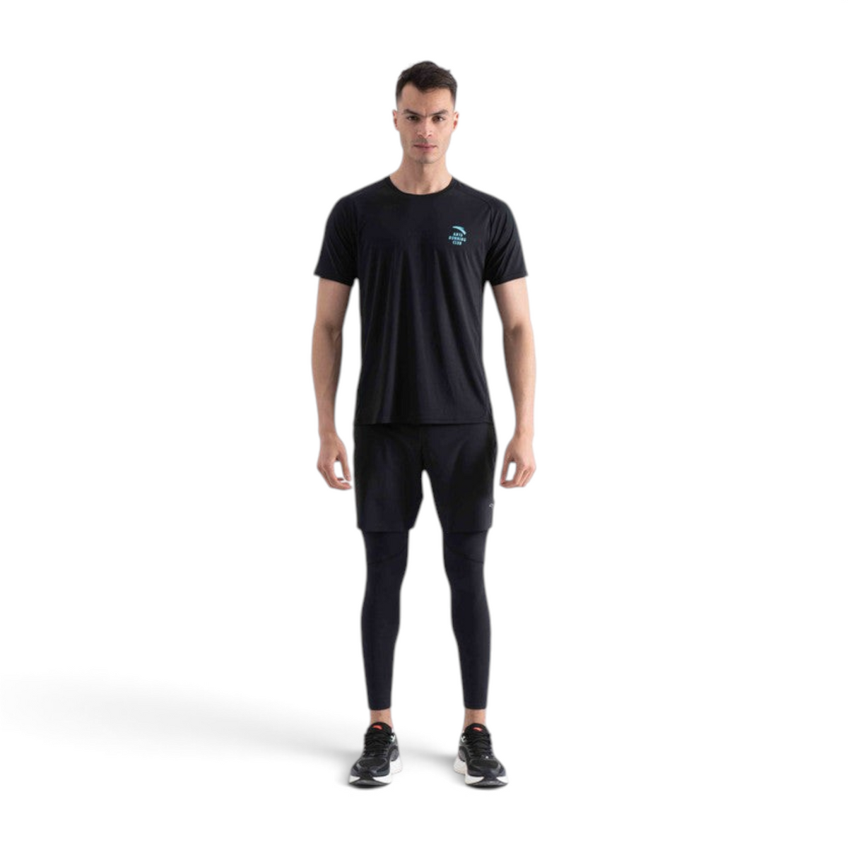 FRG SS TEE in black worn by a male athlete with matching shorts and leggings for a complete running outfit