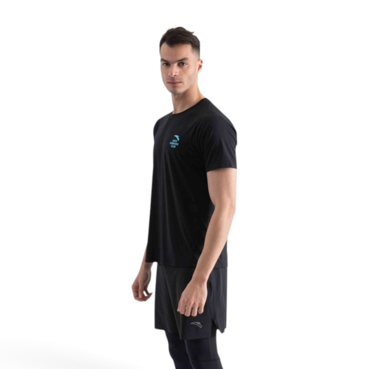 FRG men's black short sleeve athletic t-shirt with blue logo detail worn by a model in a studio setting