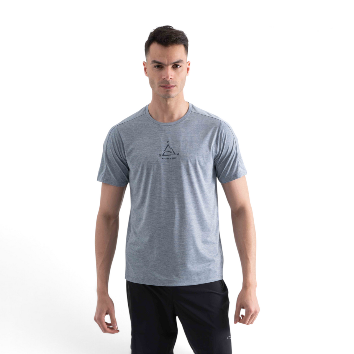 FRG grey short sleeve athletic t-shirt with a triangular chest logo worn by a man against a white background