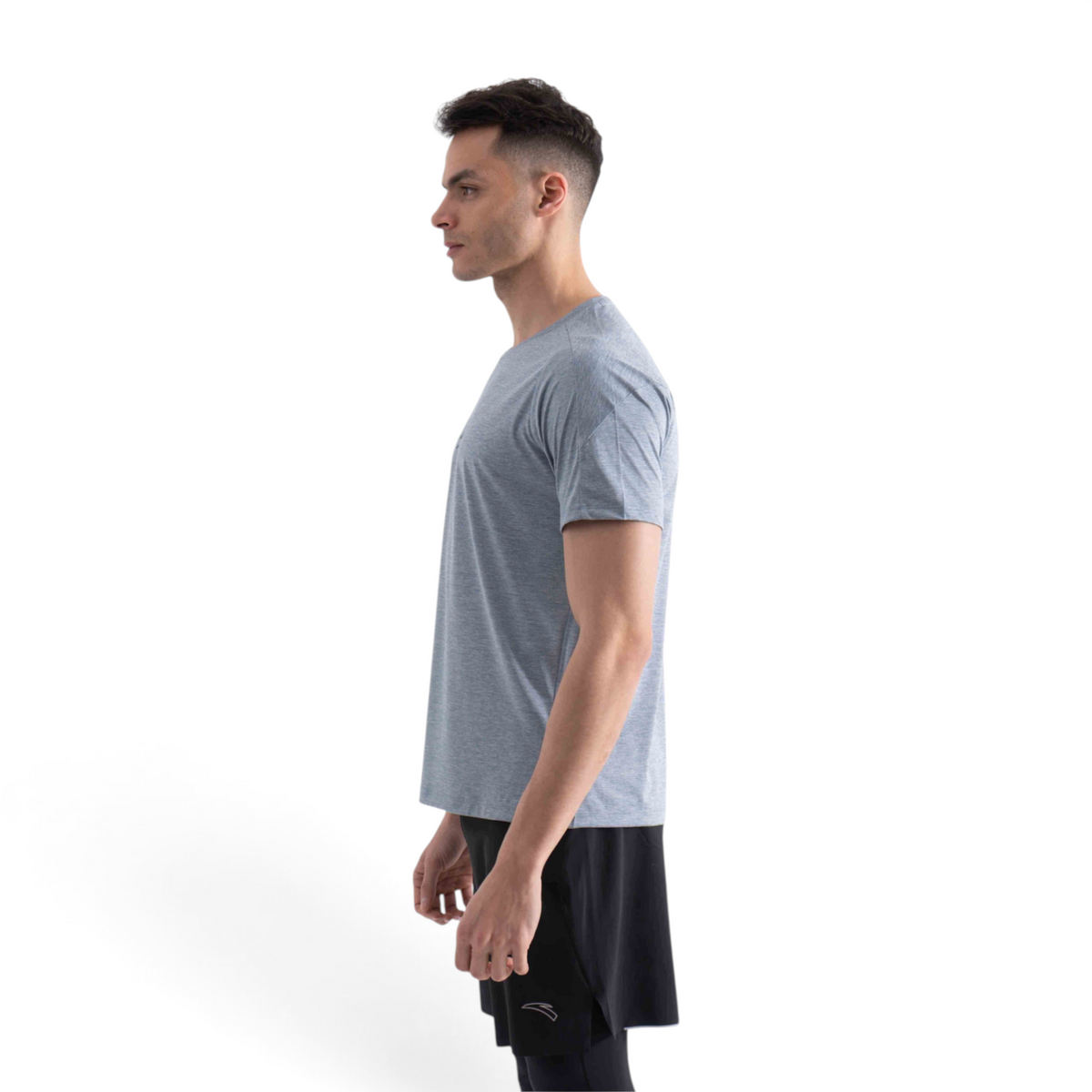 FRG men's grey short sleeve athletic t-shirt worn by a model in profile view against a white background