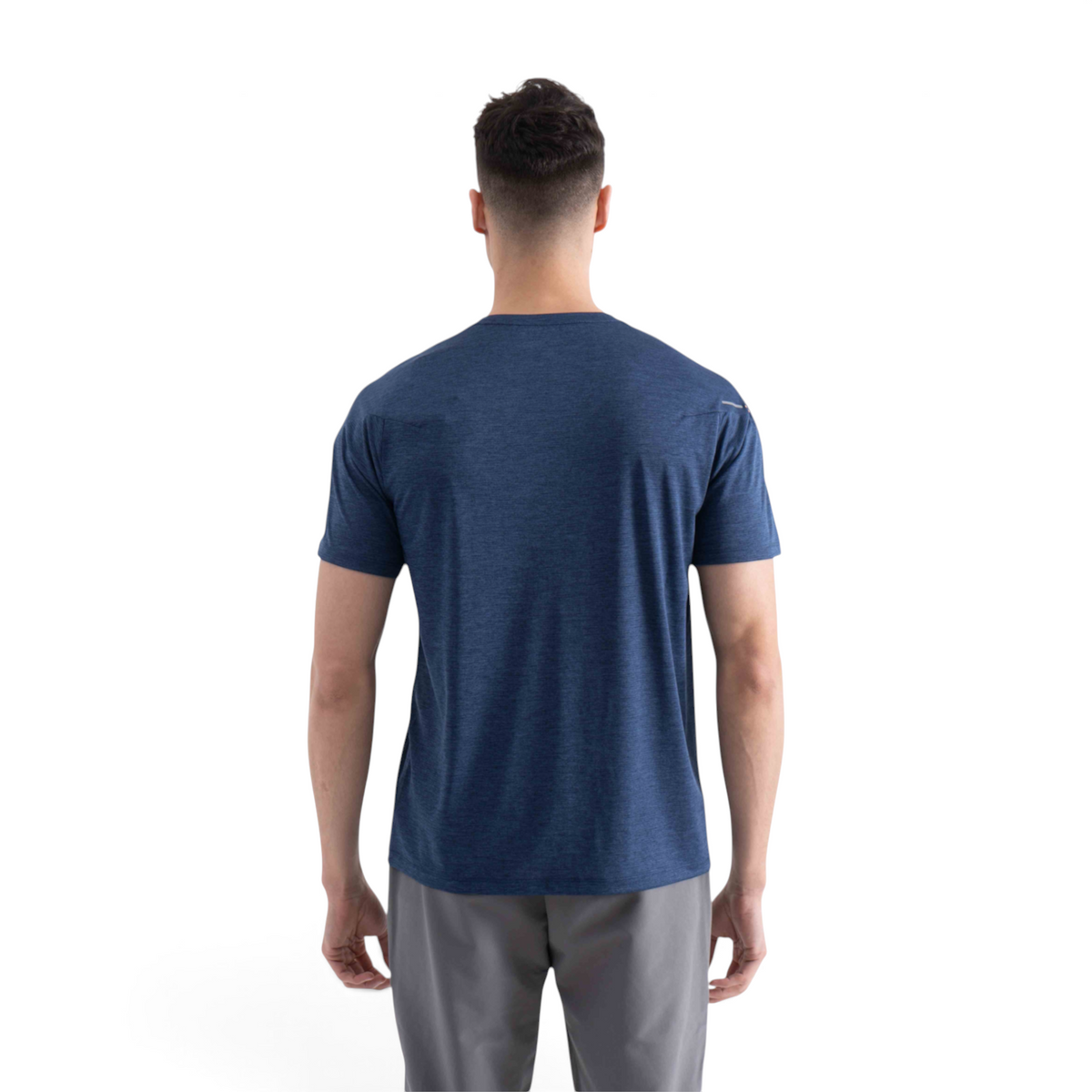 Back view of a man wearing a blue FRG cross training t-shirt with a heathered texture against a white background
