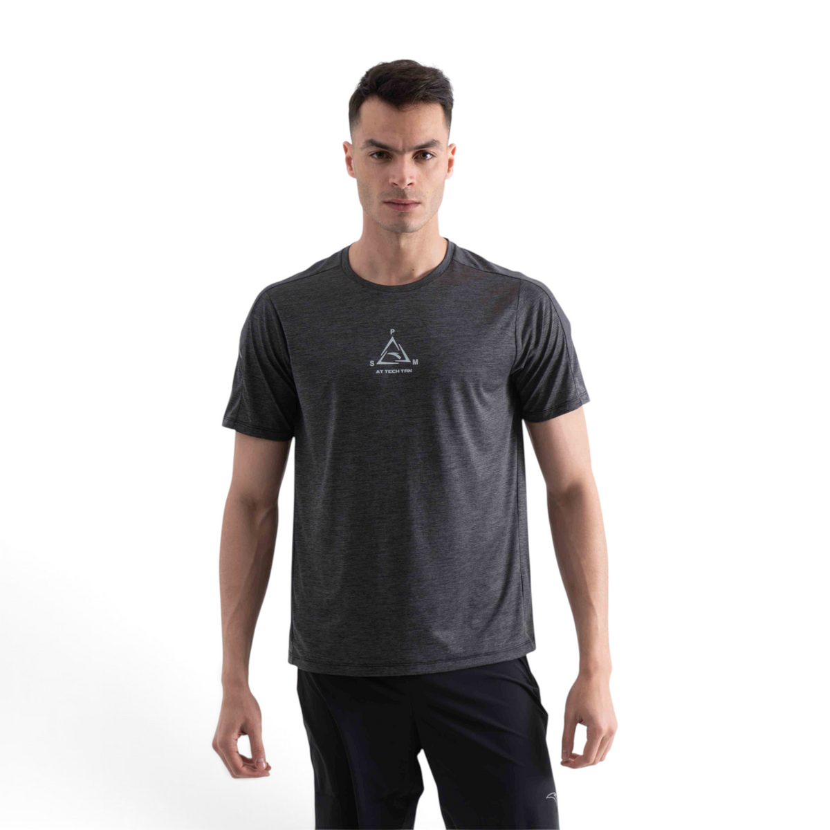 FRG men's charcoal grey short sleeve performance t-shirt with a small geometric chest logo on a white background