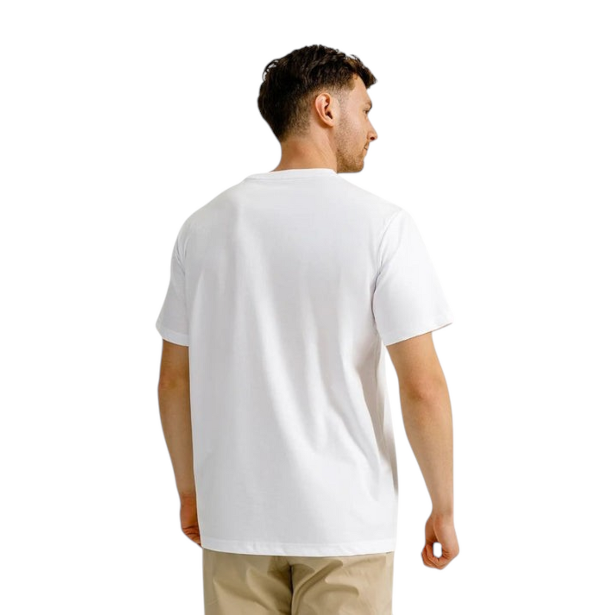 FRG ANTA Night Game white crew neck short sleeve t-shirt worn by a man, back view showing regular fit.