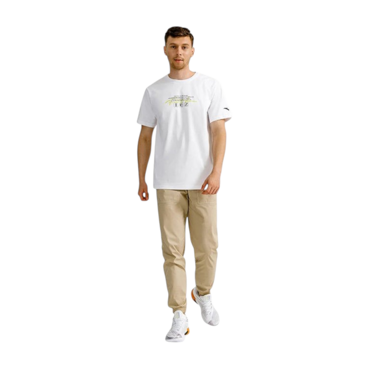 FRG ANTA Night Game white crew neck short sleeve t-shirt worn by a man with beige joggers and athletic sneakers
