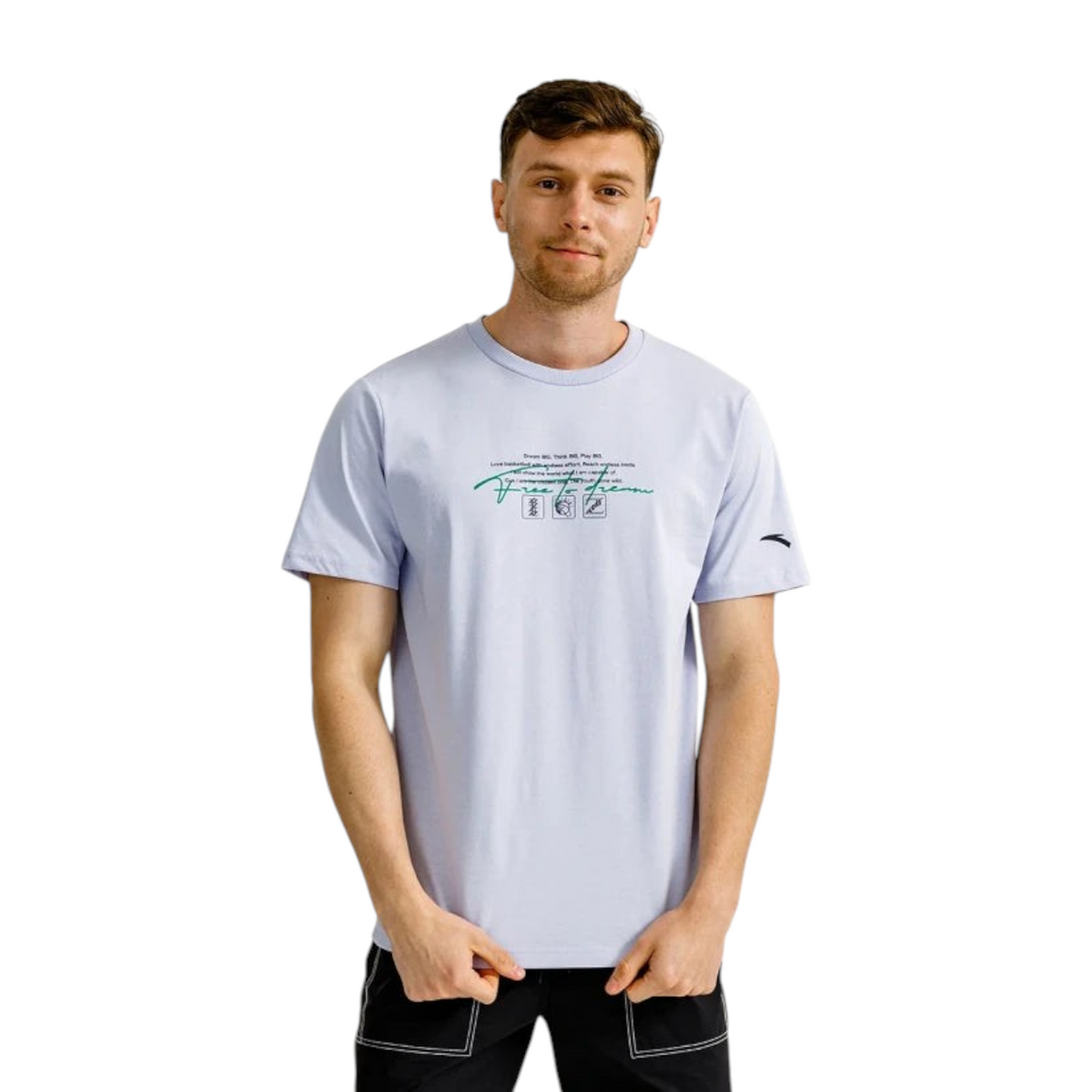 FRG ANTA Night Game purple crew neck t-shirt with graphic print worn by a male model