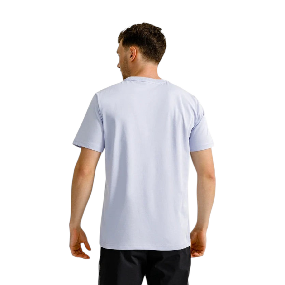 Back view of a man wearing a purple ANTA Night Game short sleeve crew neck t-shirt from FRG