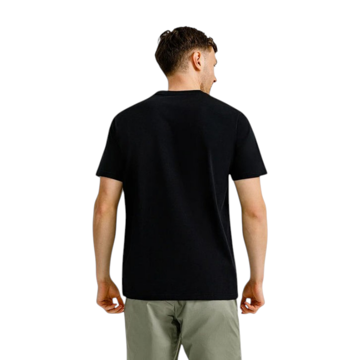 FRG ANTA Night Game black short sleeve crew neck t-shirt worn by a man, back view showing regular fit