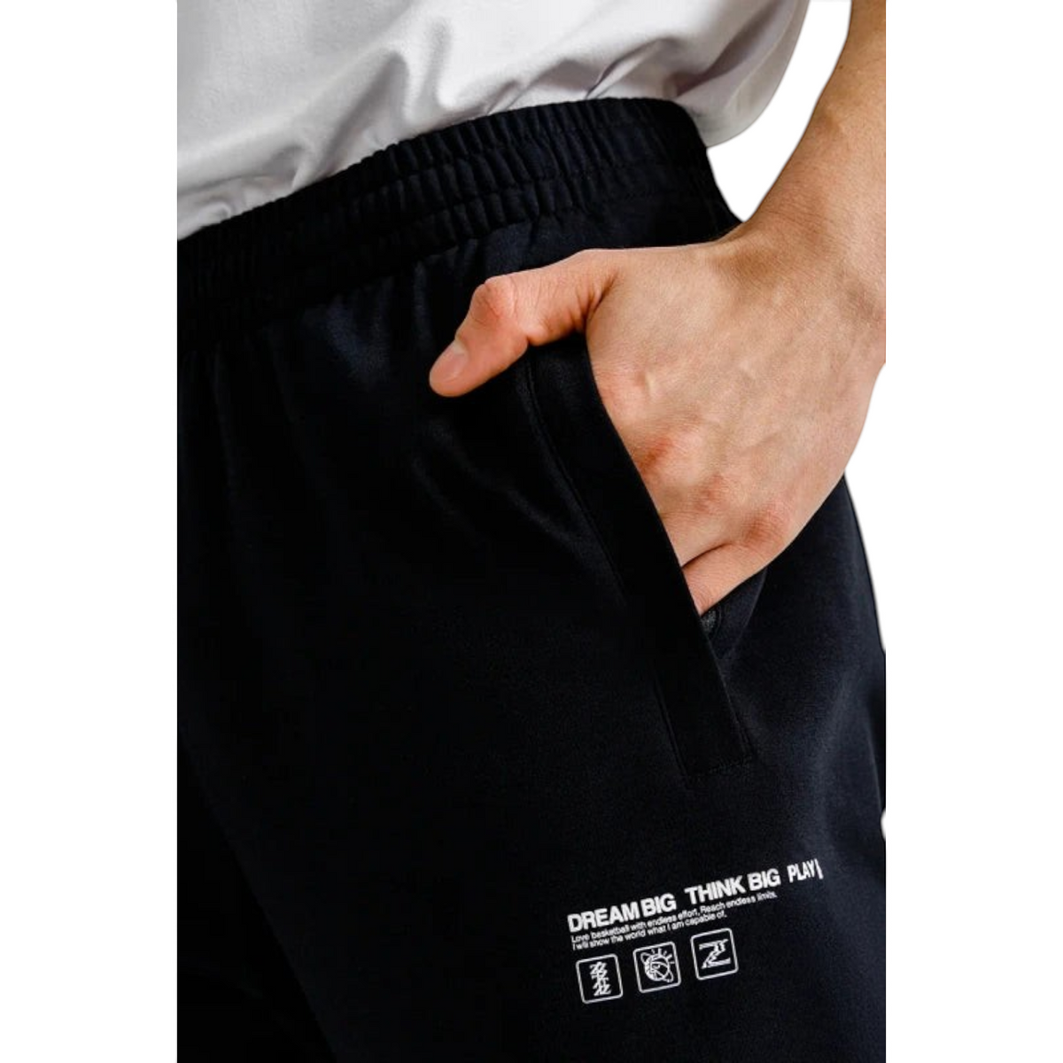 FRG ANTA black knit basketball track pants with elastic waistband and graphic detail on the leg