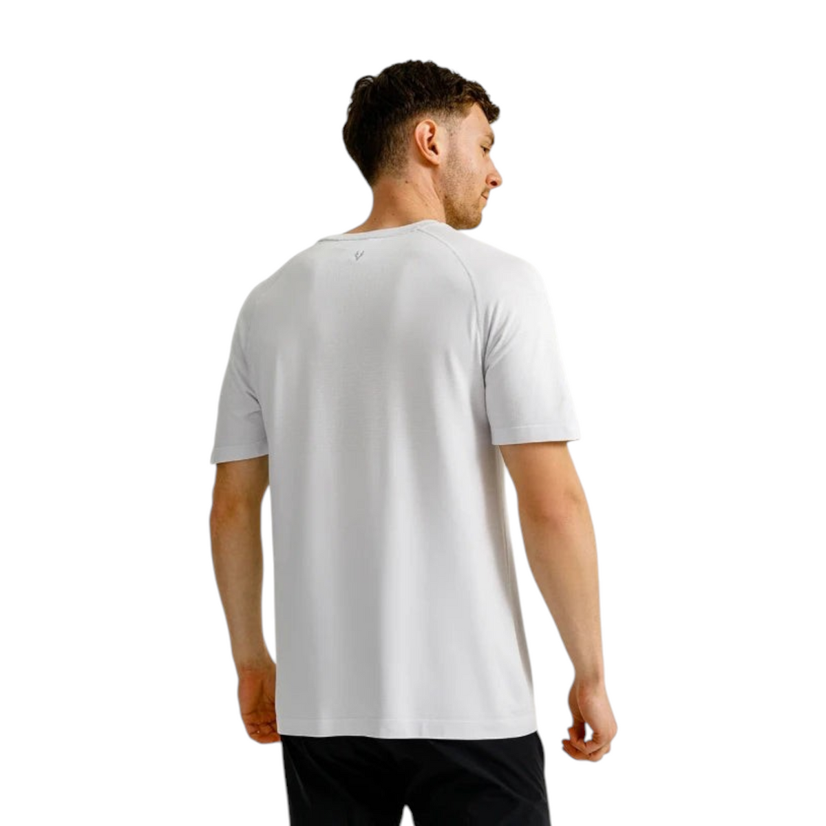 FRG ANTA heather grey short sleeve running t-shirt on a man, back view showing breathable moisture-wicking fabric.