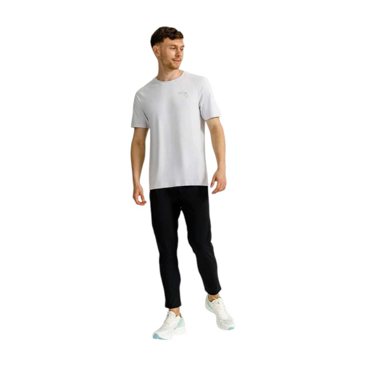 FRG ANTA heather grey short sleeve running t-shirt worn by a man with black athletic pants and white sneakers