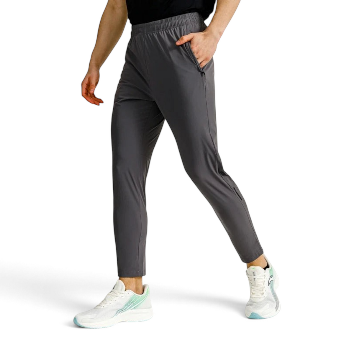 FRG ANTA cropped grey textile running trousers with reflective details and cooling UV-protective fabric on a model