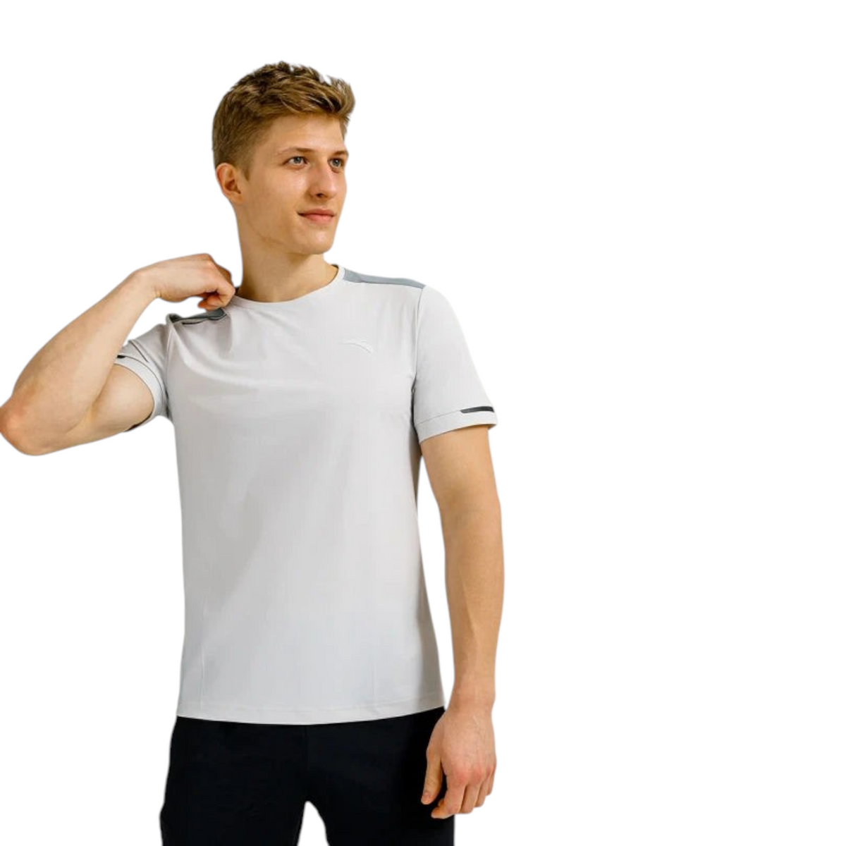 FRG ANTA white short sleeve cross training t-shirt with breathable jacquard panels worn by a male model