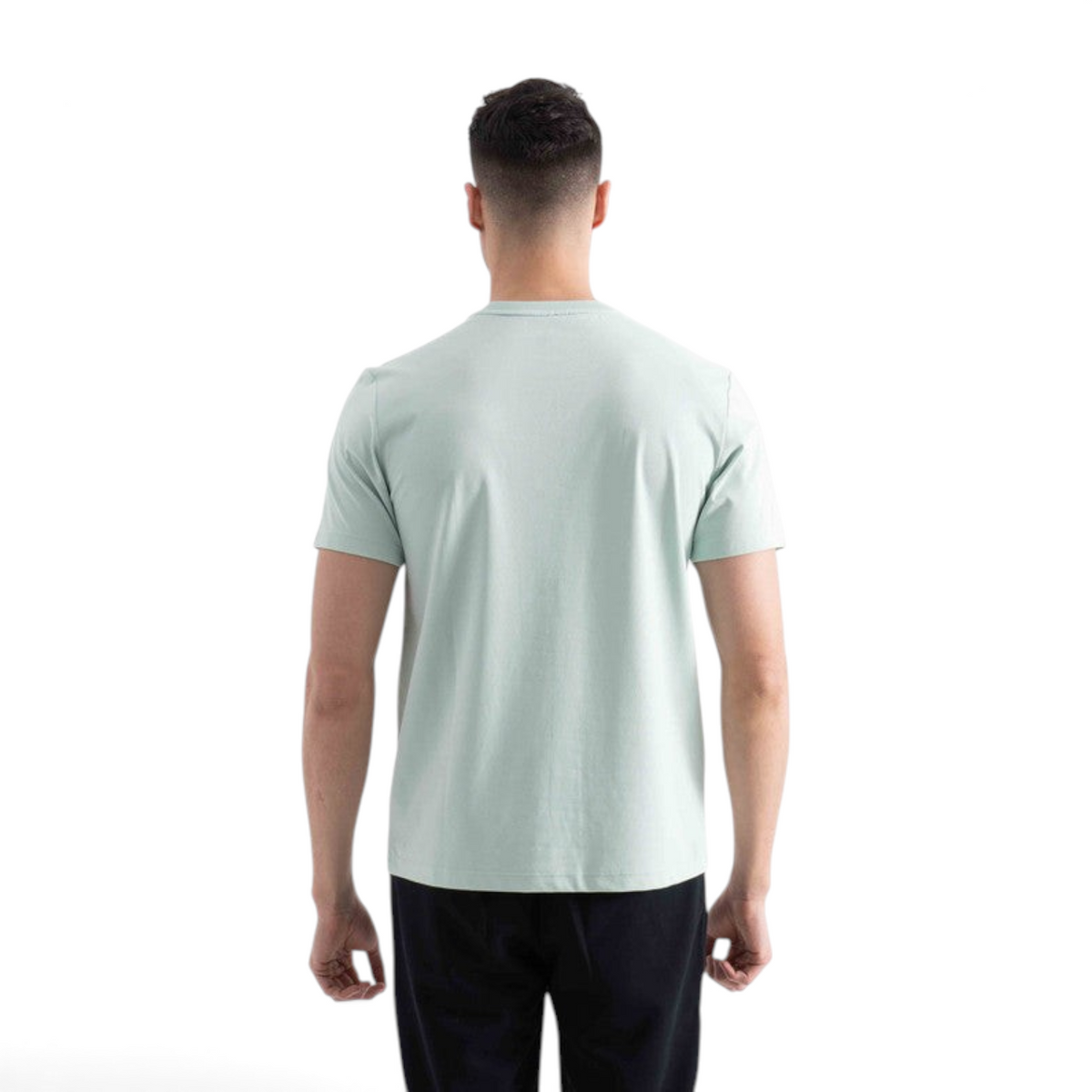 Back view of a man wearing a light mint green FRG short sleeve crew neck t-shirt against a white background.