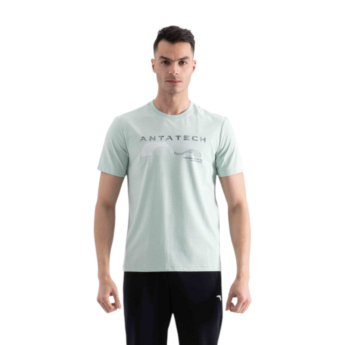 FRG SS TEE in light green with Antatech graphic print on chest worn by a male model against a white background