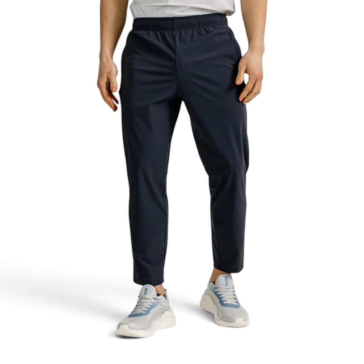 FRG Anta Bar-Training tapered navy knit pants in nylon-spandex with an elastic waist for active cross training
