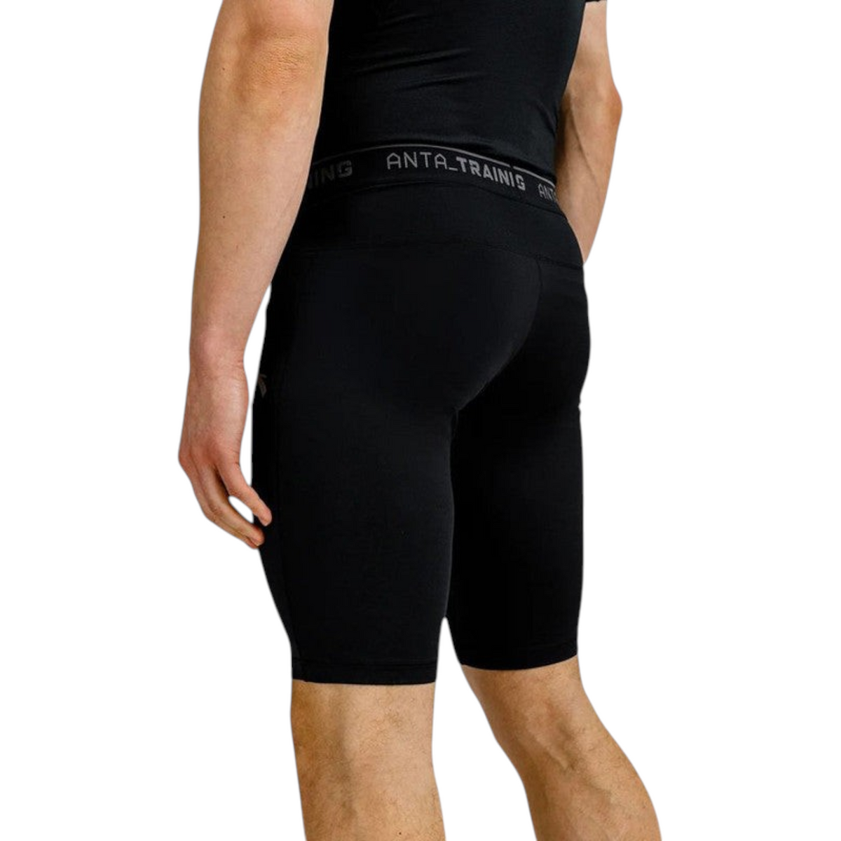 FRG Anta black compression shorts for cross-training with a branded elastic waistband on a male model