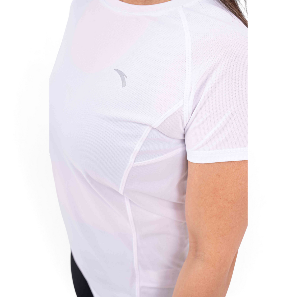 FRG slim fit white polyester athletic t-shirt with mesh texture and small reflective logo detail