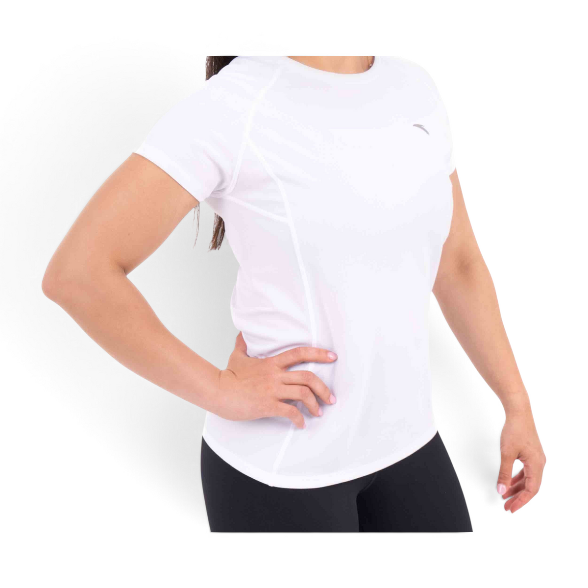 FRG slim fit white polyester athletic t-shirt worn by a woman