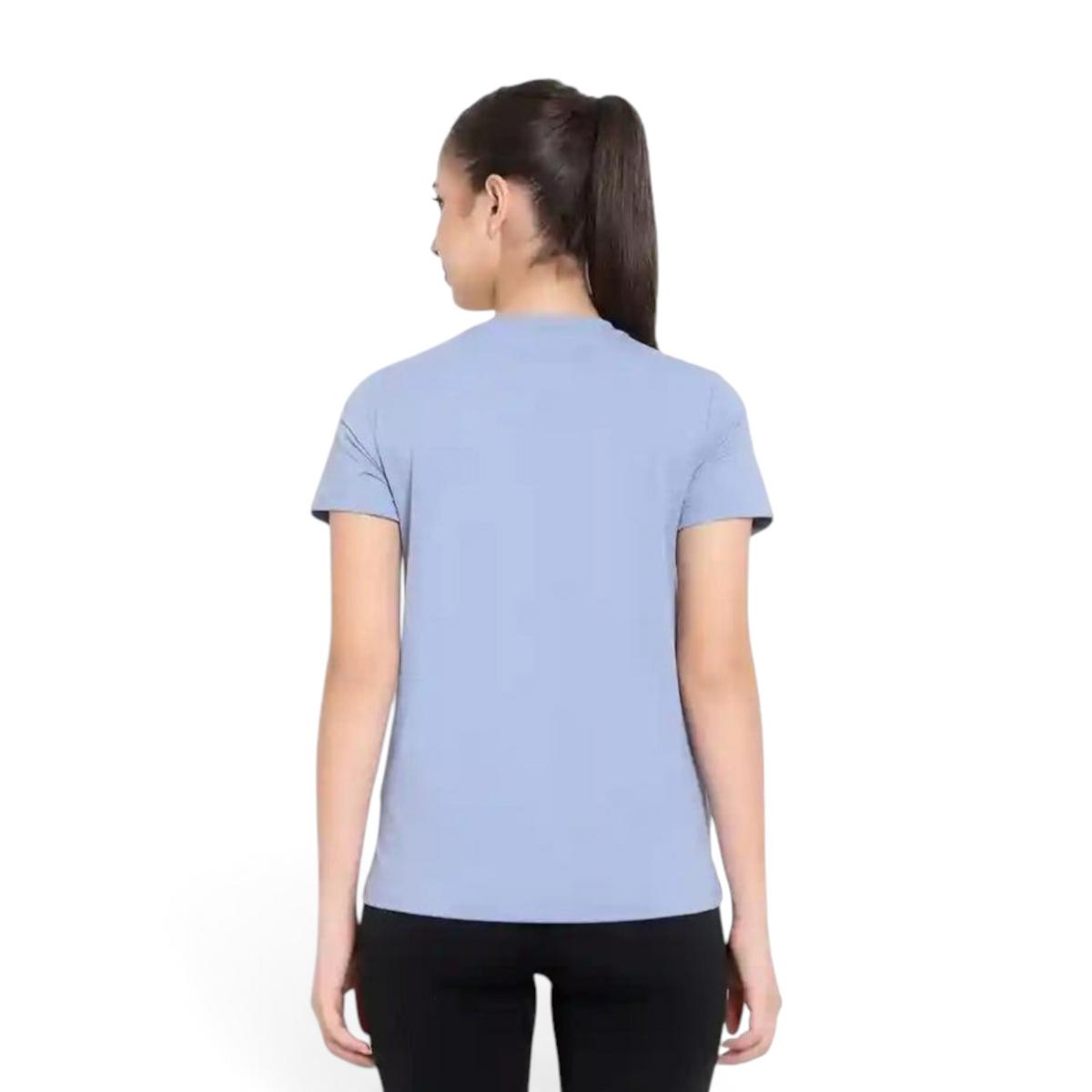 Back view of a woman wearing a light blue regular fit FRG polyester spandex t-shirt against a white background.