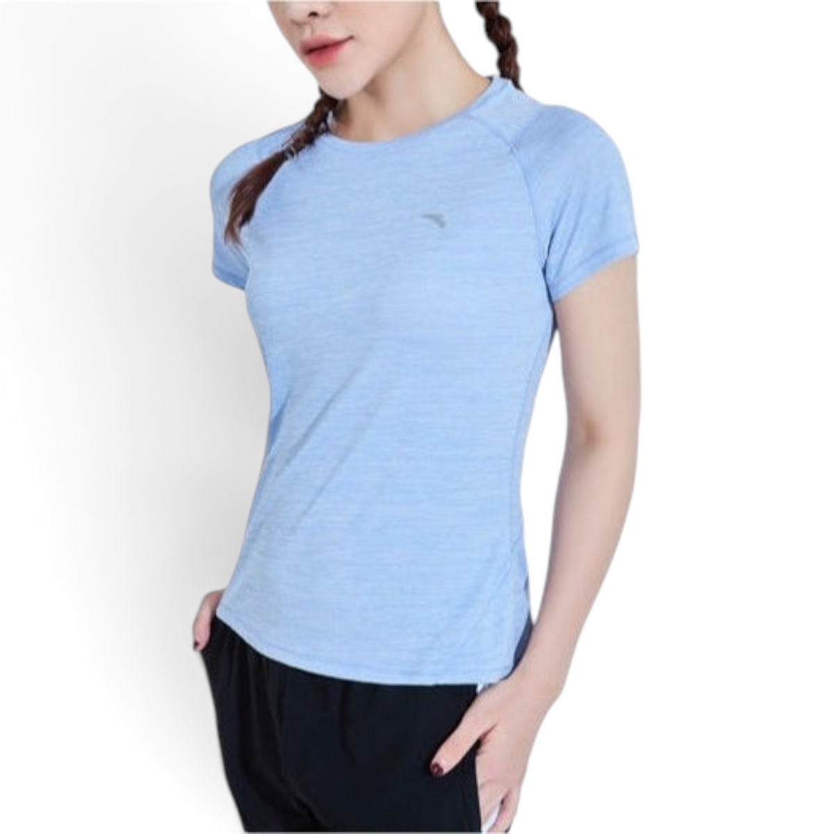 FRG light blue short-sleeved athletic t-shirt with a crew neck worn by a woman