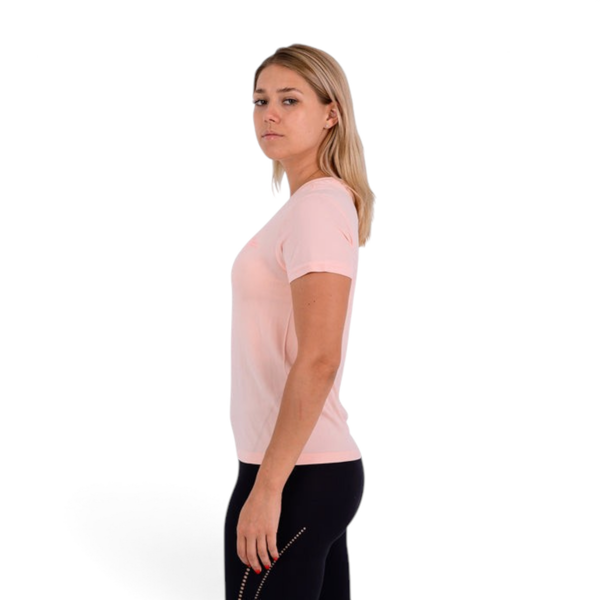 FRG regular fit light pink nylon blend t-shirt worn by a blonde woman in a side profile view