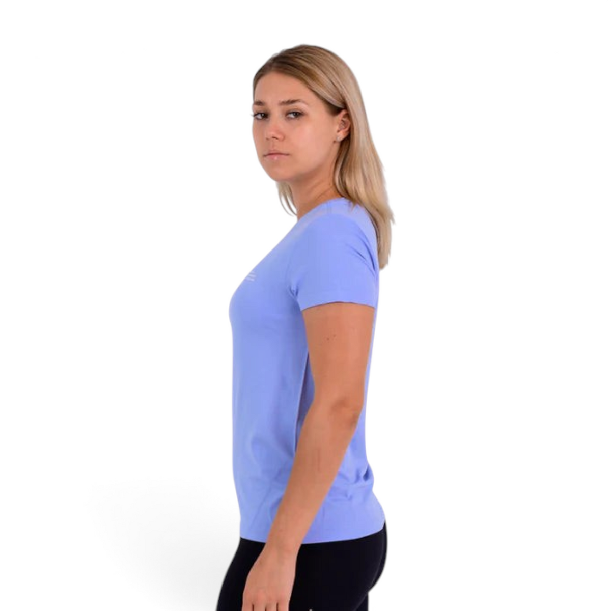 FRG light blue short-sleeve t-shirt worn by a blonde woman, side profile view against a white background