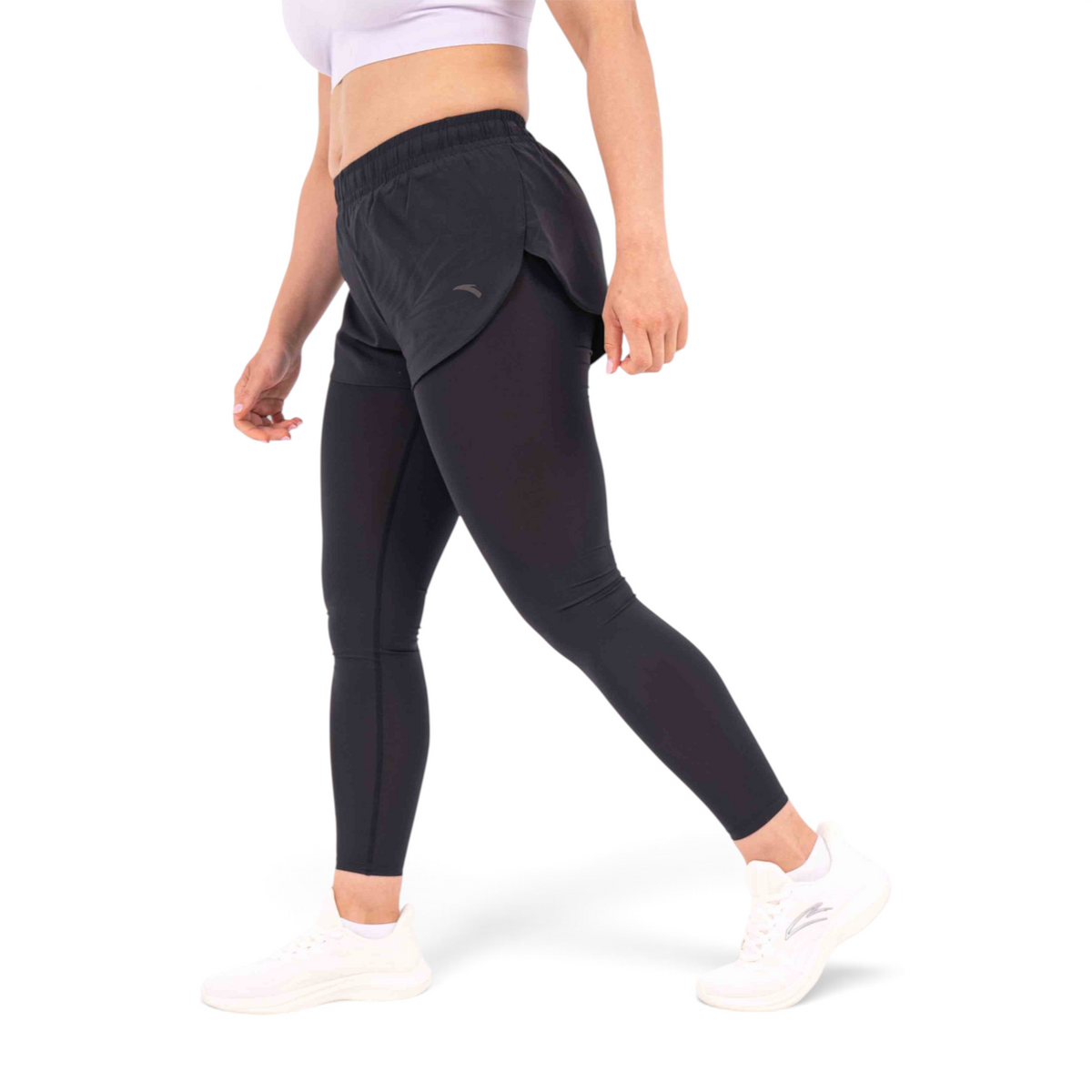 FRG women's black athletic leggings with built-in shorts, made of 100% polyester for a regular fit.
