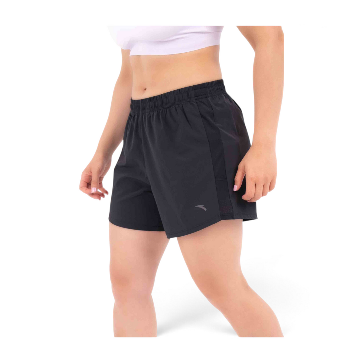 FRG black athletic shorts with an elastic waistband worn by a woman, perfect for running or gym workouts.