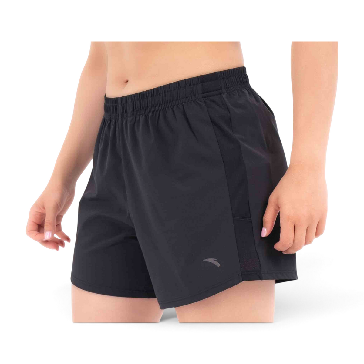 FRG black athletic running shorts with an elastic waistband and breathable side mesh panels