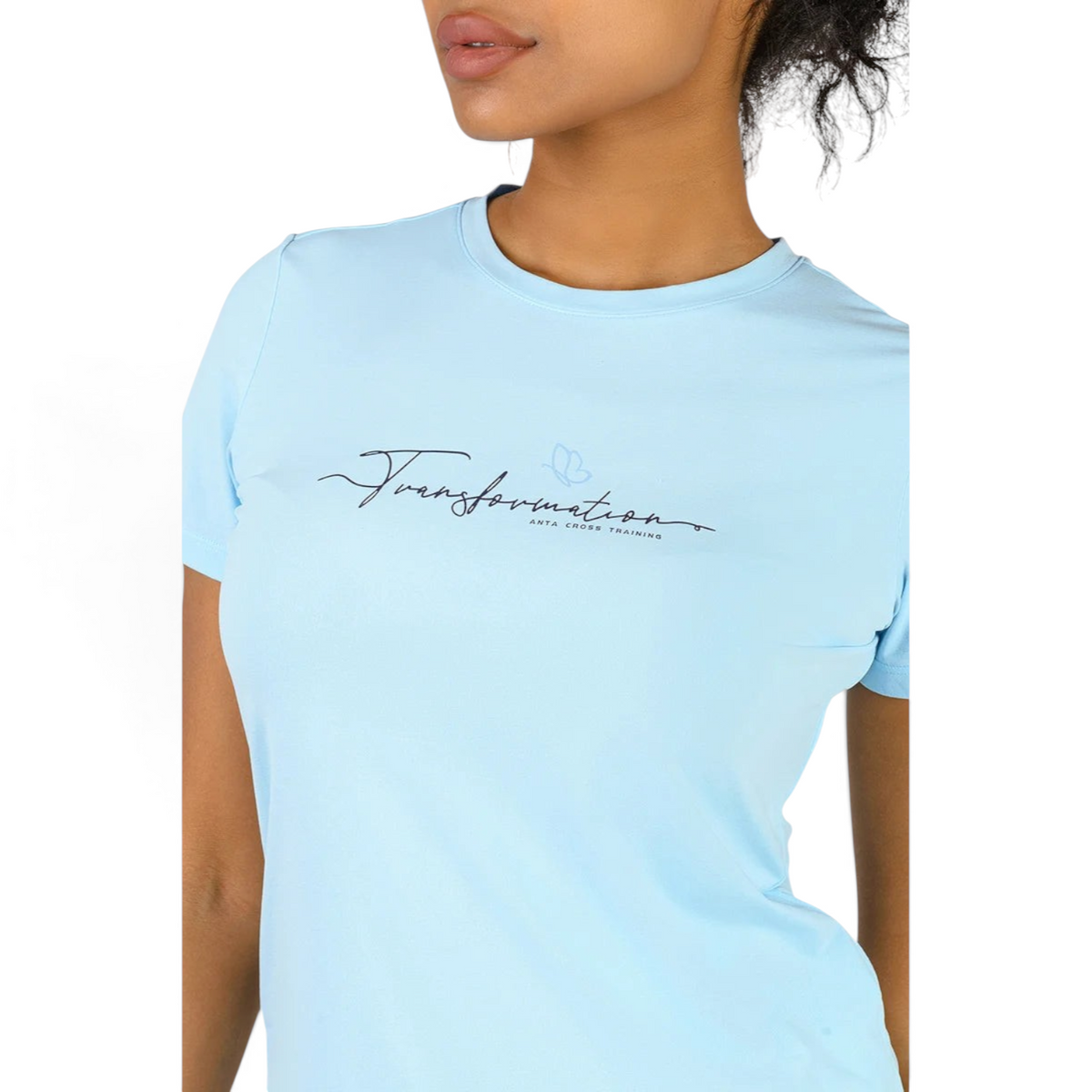 FRG light blue short-sleeve cross training t-shirt with Transformation butterfly graphic print on chest