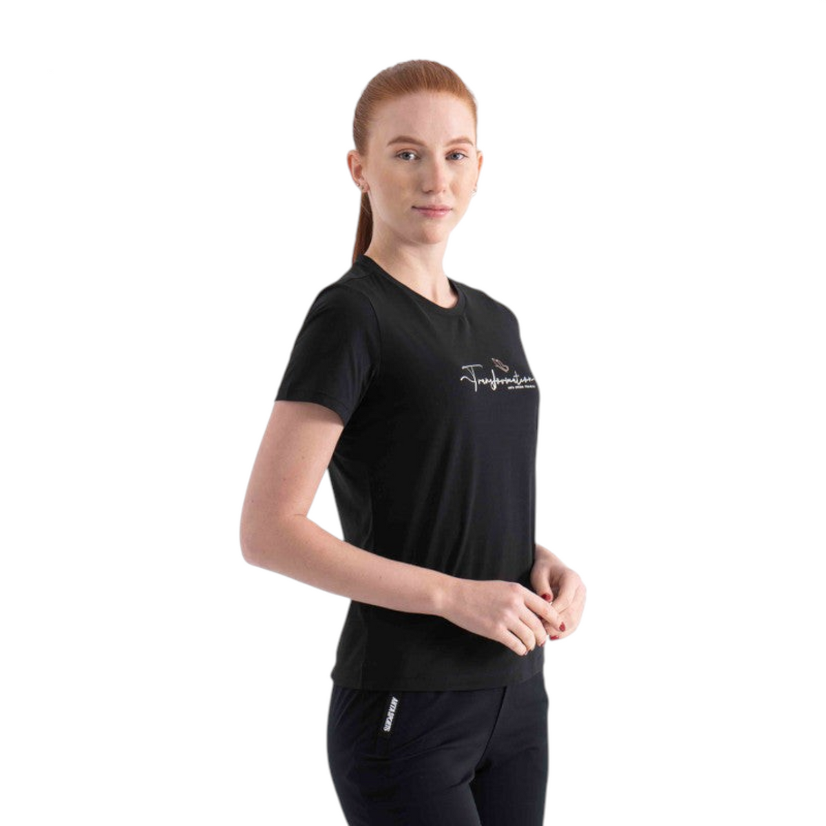 FRG regular fit black polyester t-shirt with white script graphic on chest worn by a woman