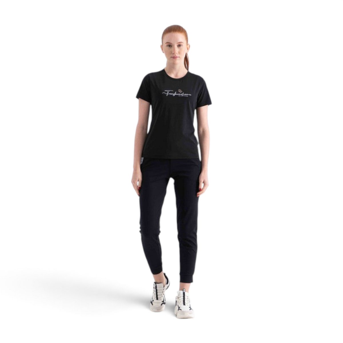 FRG regular fit black polyester t-shirt with white script graphic worn by a woman with red hair