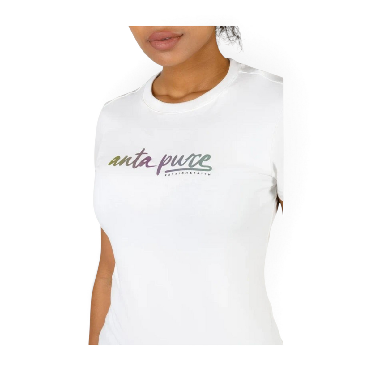 FRG ANTA snow white short sleeve cross training t-shirt with multicoloured script logo on chest