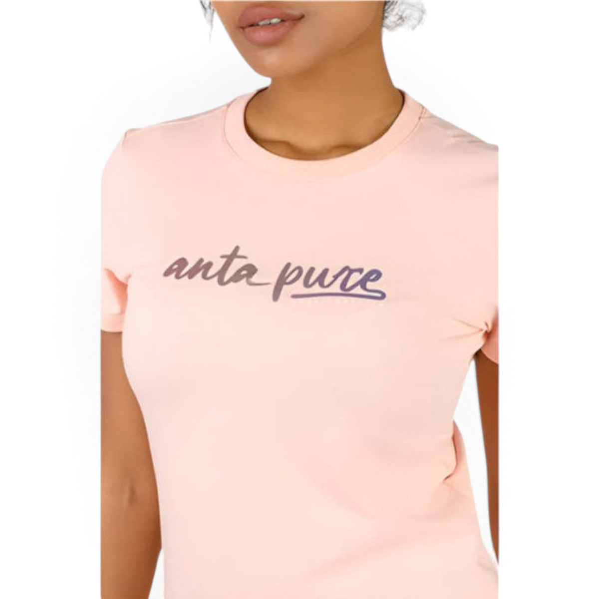 FRG light pink crew neck t-shirt with anta pure script logo on the chest worn by a woman