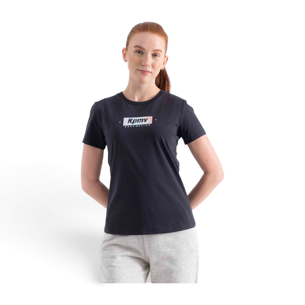 FRG regular fit black cotton blend t-shirt with Kpmv graphic print worn by a woman