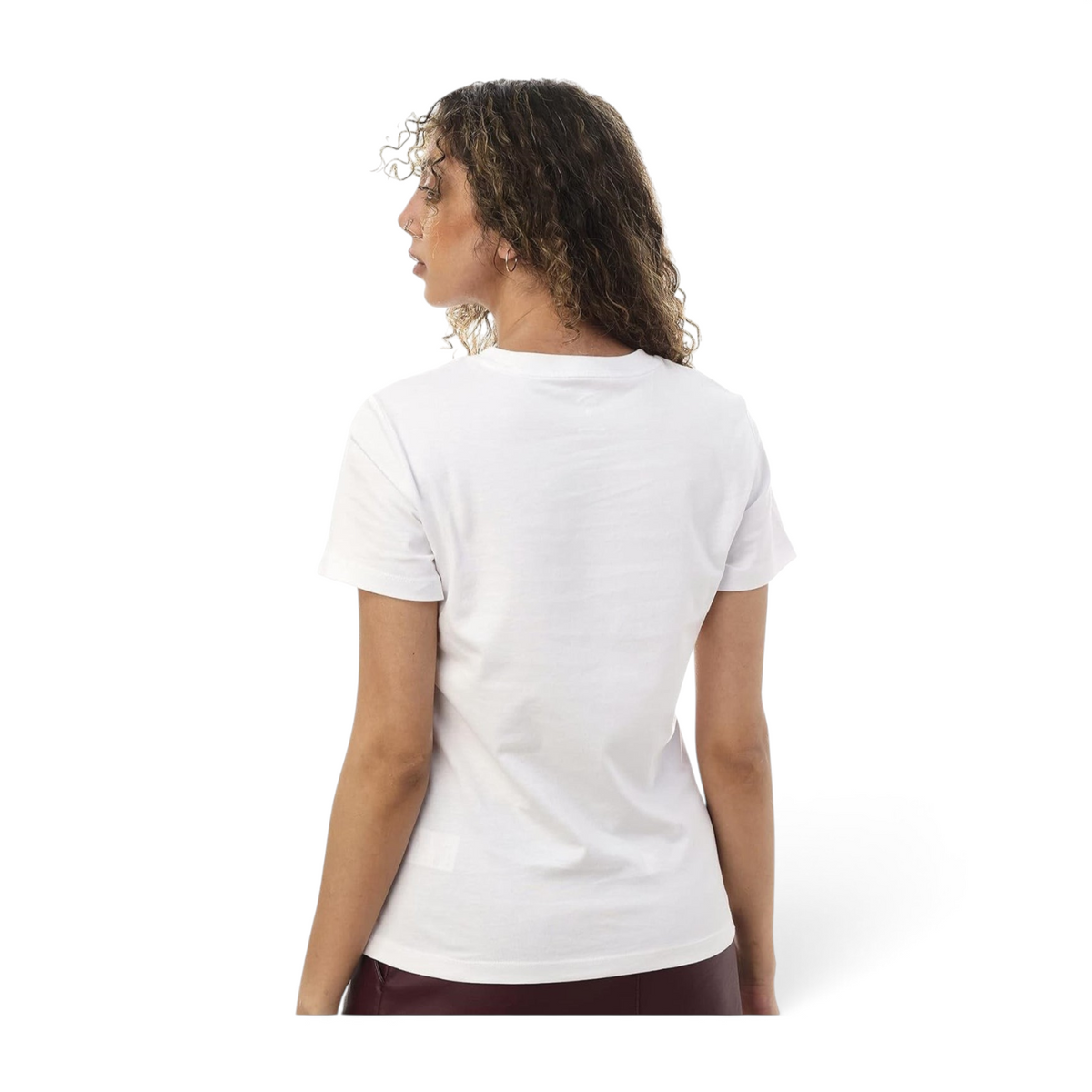 Woman wearing a plain white FRG t-shirt, back view, isolated on white background