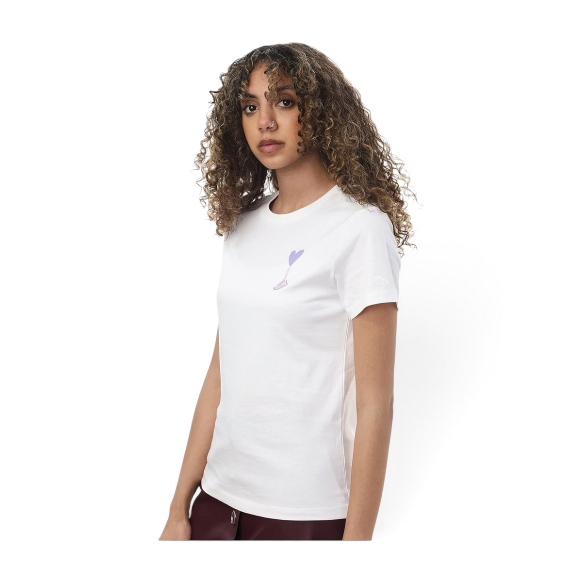 Model wearing a white FRG T-shirt with a small purple heart graphic on the chest against a white background