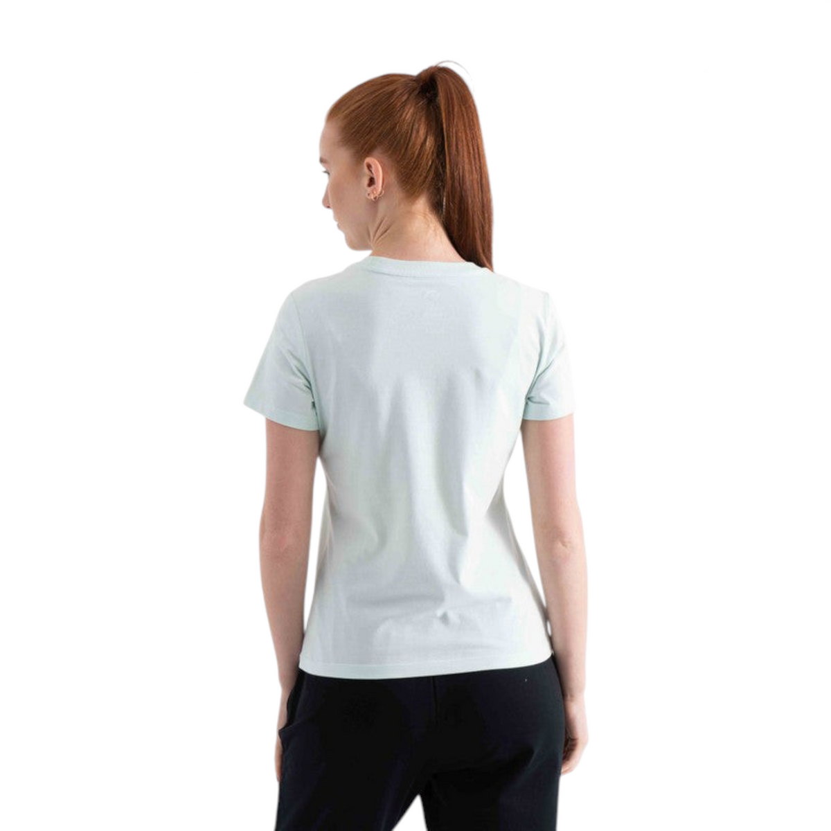 FRG regular fit t-shirt in light mint green cotton blend worn by a woman, back view