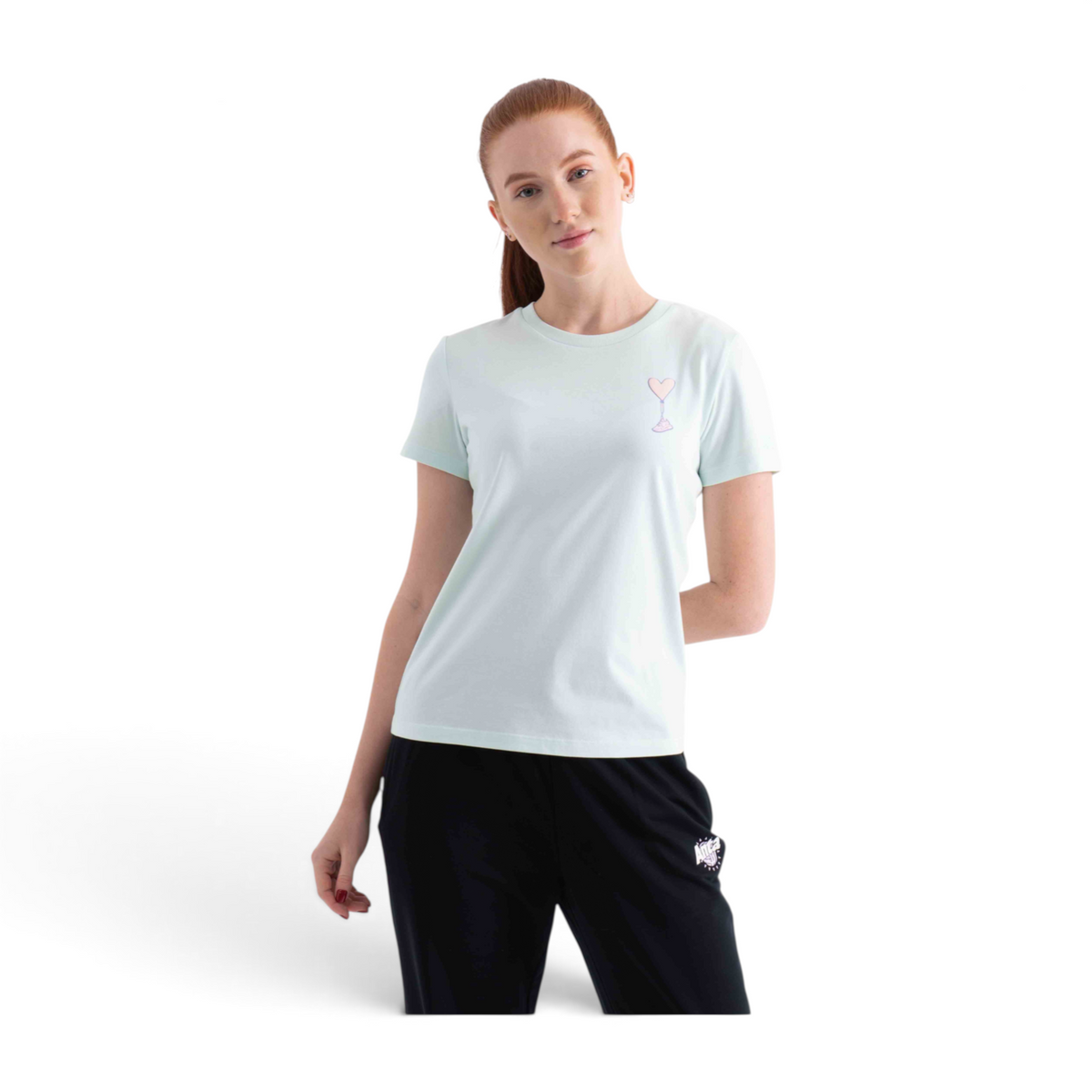 FRG regular fit light mint green cotton-blend t-shirt with a small heart graphic on the chest worn by a woman