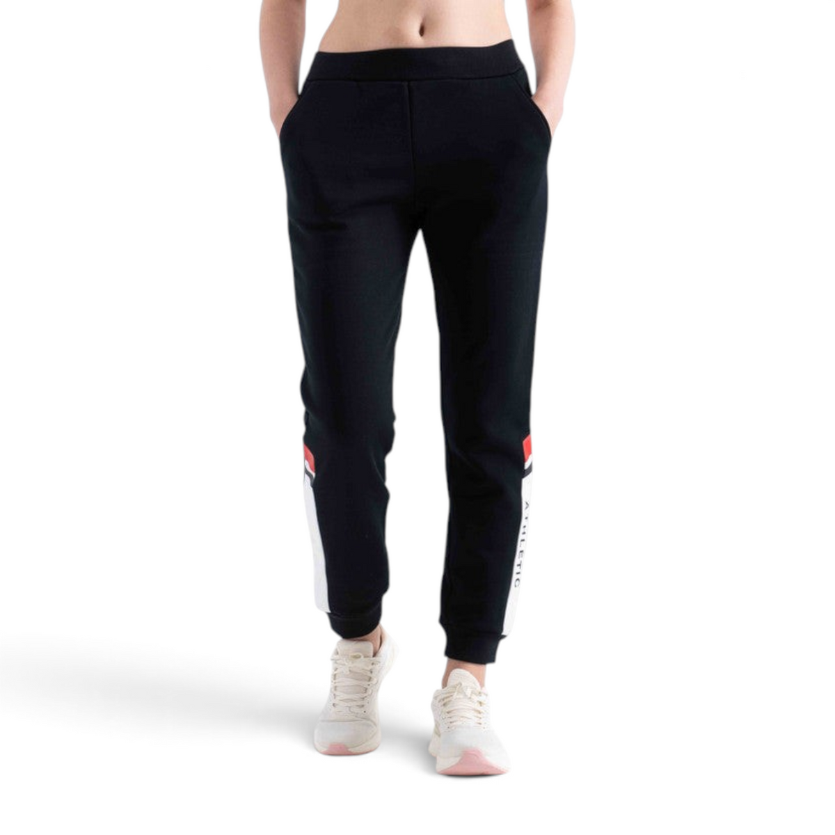 FRG black knit track pants with regular fit, featuring white and red side stripe details on a model