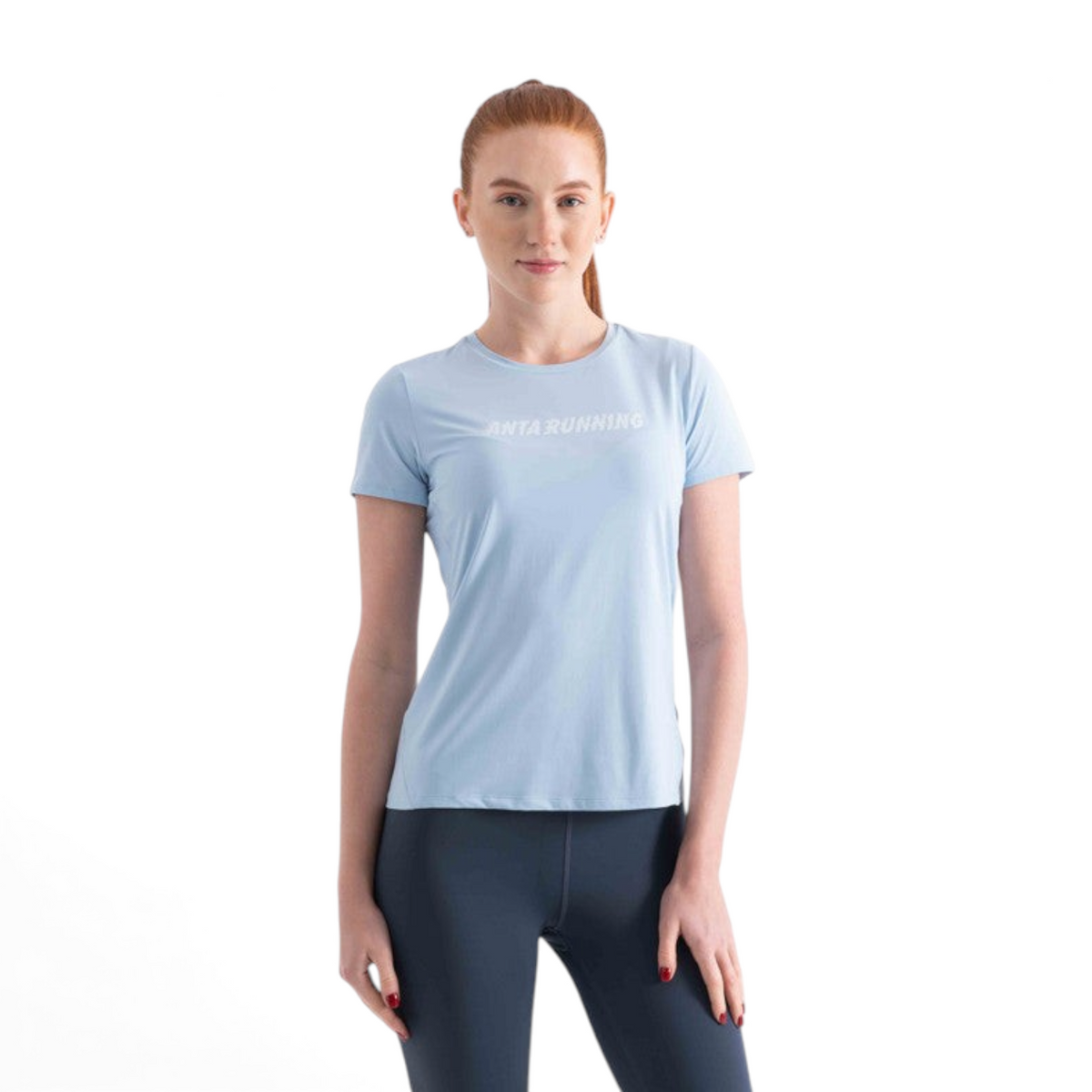 FRG light blue short sleeve running t-shirt with white logo text worn by a woman against a white background