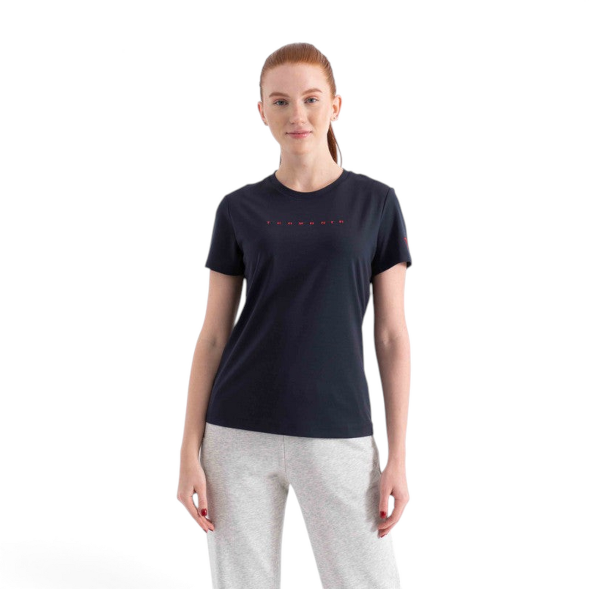FRG navy blue short sleeve t-shirt with red chest logo worn by a woman against a white background