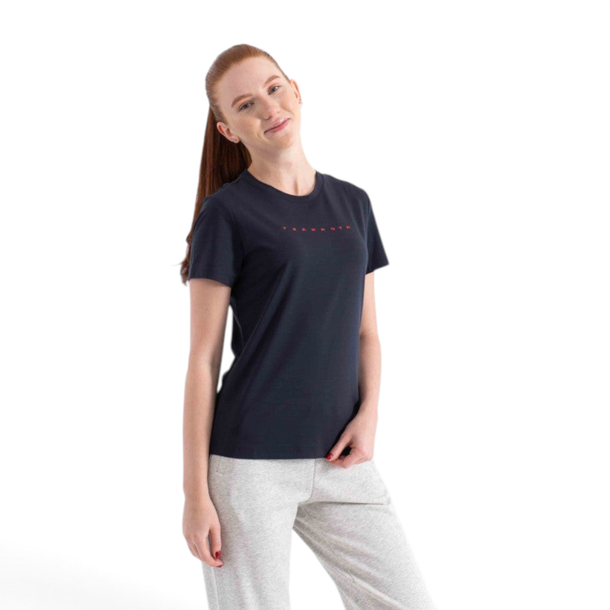 FRG women's navy blue short sleeve cotton t-shirt with red chest logo lettering worn by a model