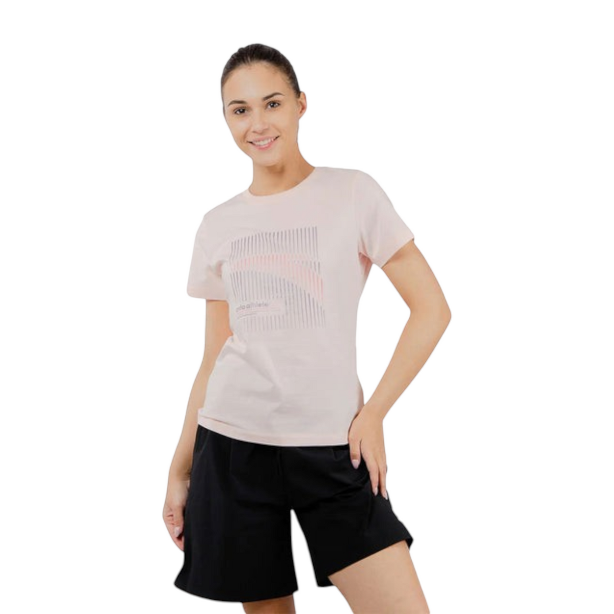 FRG ANTA women's short sleeve training t-shirt in fog rose pink with graphic print, worn with black athletic shorts.