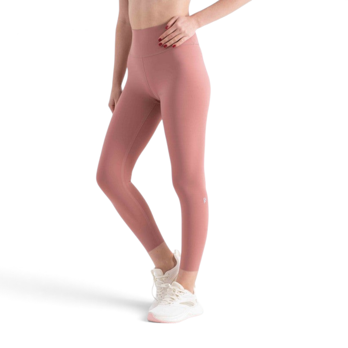 FRG slim fit ankle pants in dusty rose nylon spandex blend worn by a model with white athletic sneakers